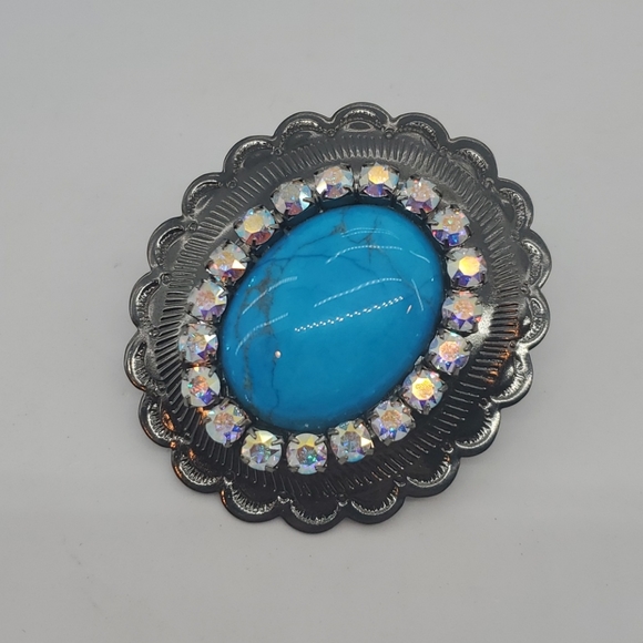 JUMBO BLUE TURQUOISE RHINESTONE CONCHO RING - Picture 2 of 5